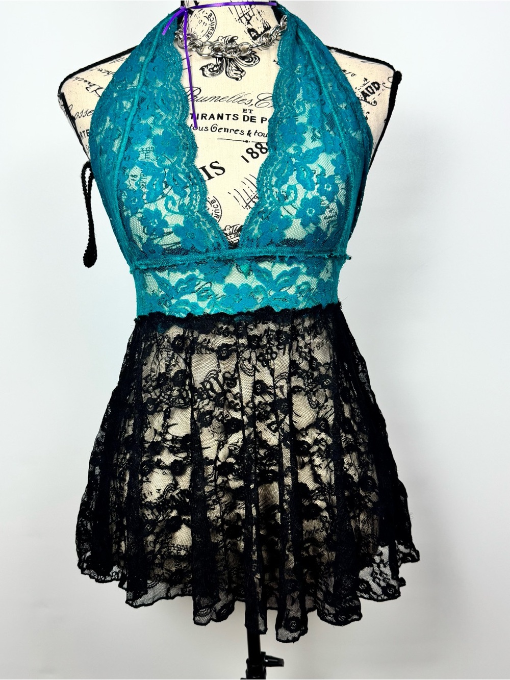 Teal and Black Lace Halter Babydoll Chemise